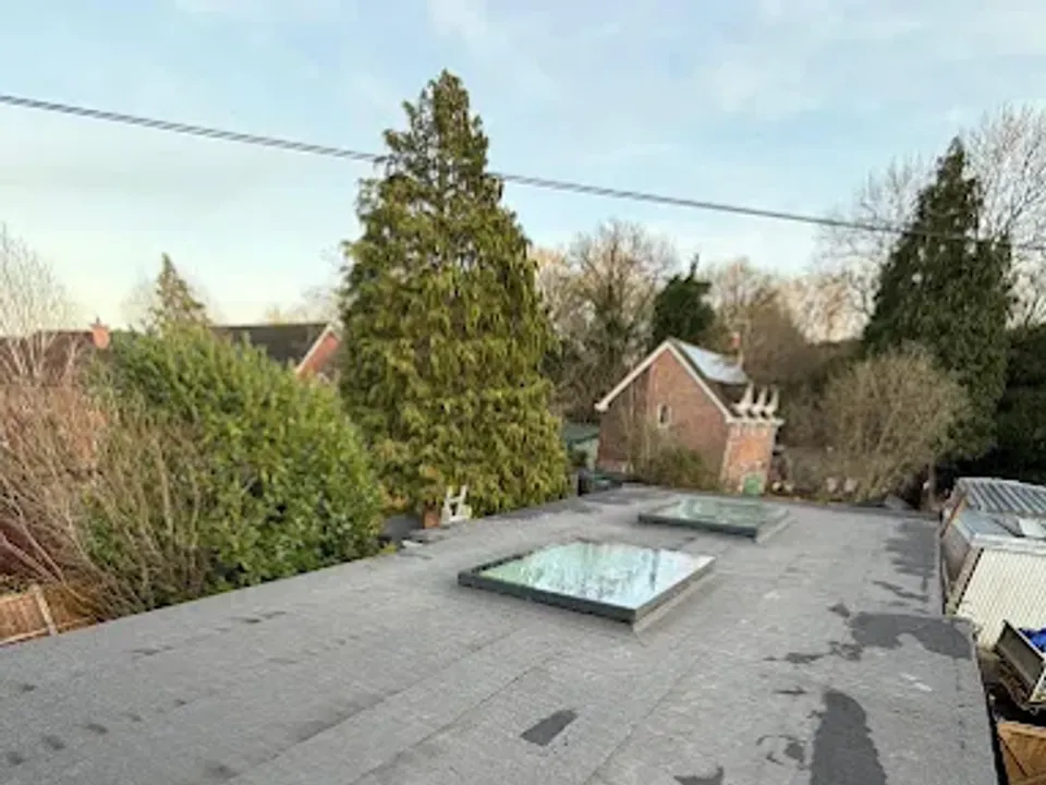 New flat roof with a rooflight and trees behind