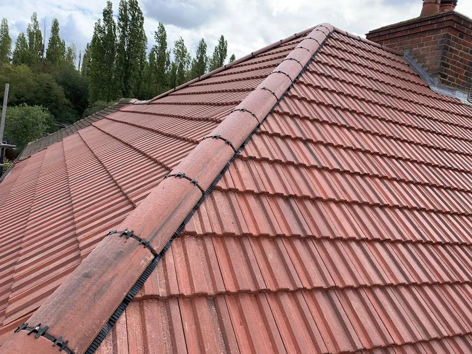 Expanse of newly laid red tiled roof with trees beyond